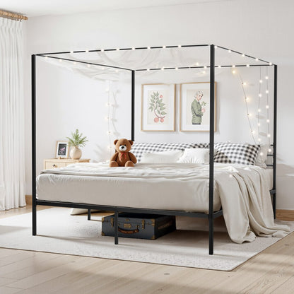 King Size Canopy Bed Frame Metal Canopy Bed with Four Posters Black