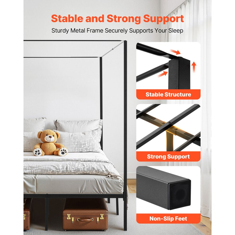 Queen Size Canopy Bed Frame Metal Canopy Bed with Four Posters Black