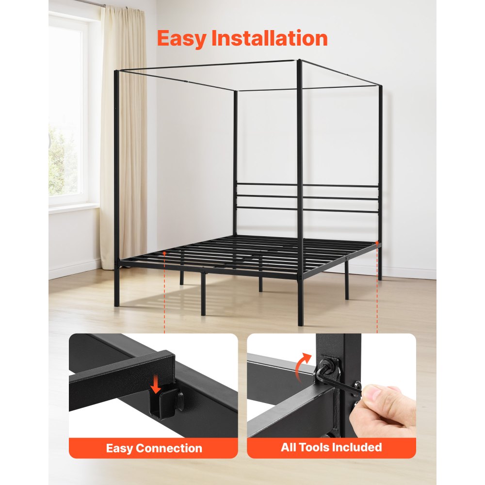 Queen Size Canopy Bed Frame Metal Canopy Bed with Four Posters Black