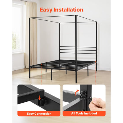Queen Size Canopy Bed Frame Metal Canopy Bed with Four Posters Black
