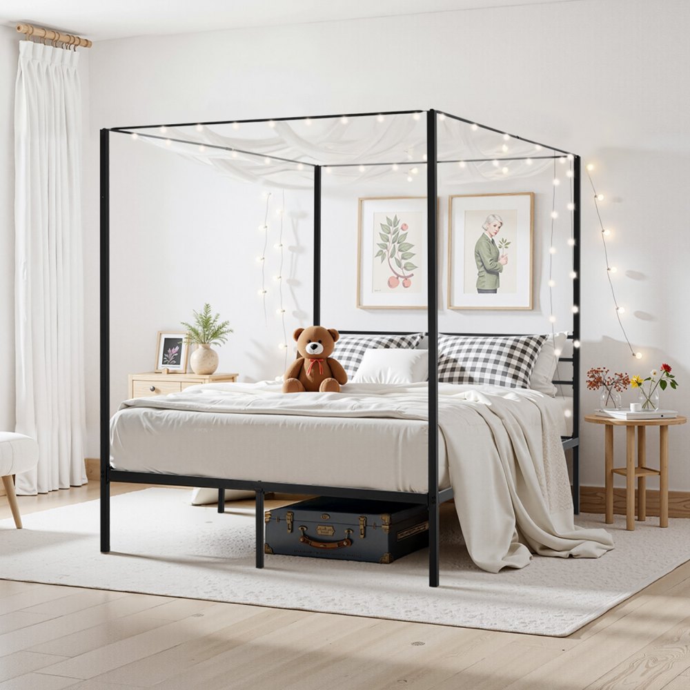 Queen Size Canopy Bed Frame Metal Canopy Bed with Four Posters Black