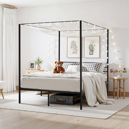 Queen Size Canopy Bed Frame Metal Canopy Bed with Four Posters Black