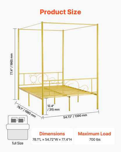 Full Size Canopy Bed Frame, Metal Canopy Bed with Minimalist Headboard & Four Posters Design, Heavy Duty Steel Slats Support, Underbed Storage Space, No Box Spring Needed, Easy Assembly, Gold