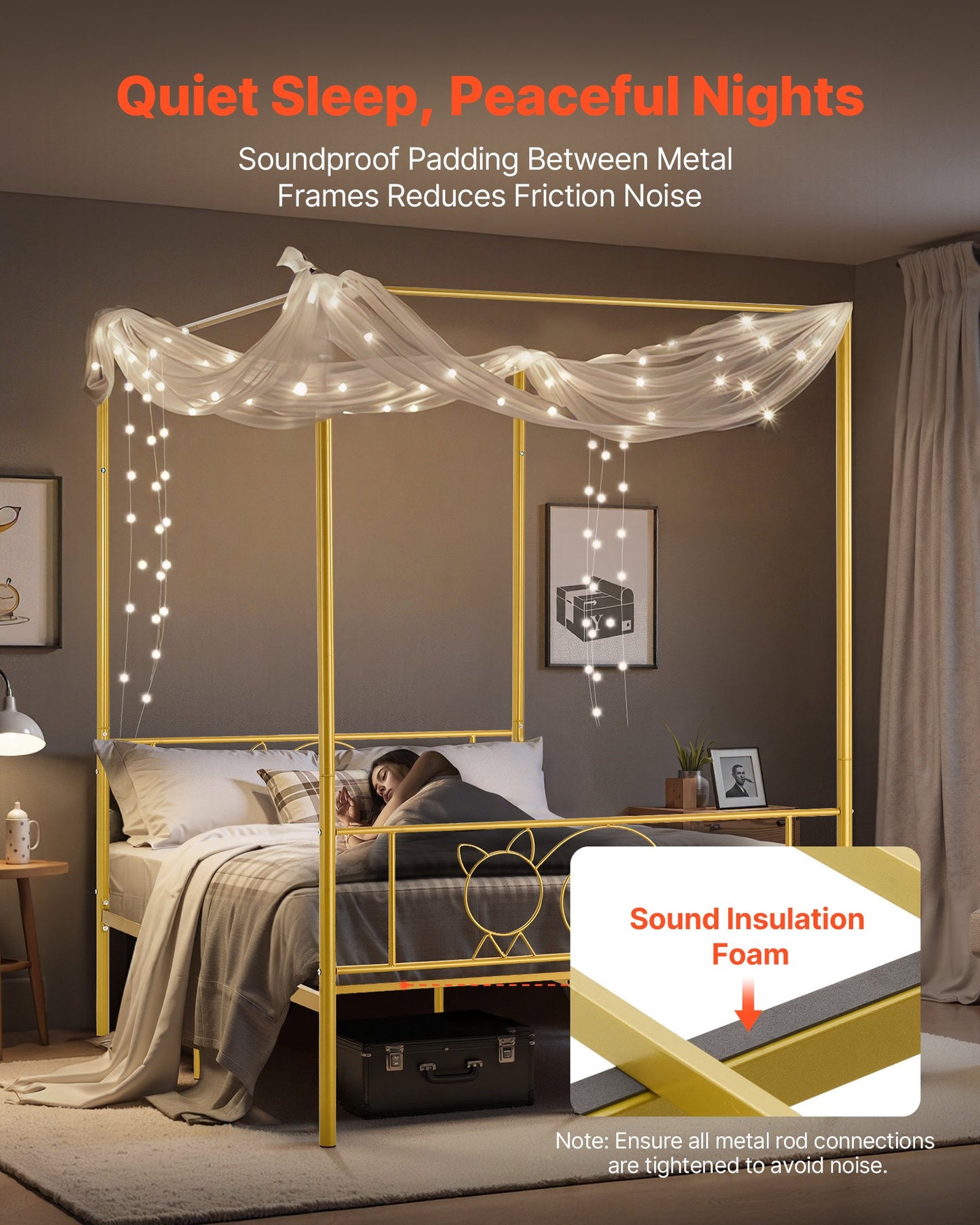 Full Size Canopy Bed Frame, Metal Canopy Bed with Minimalist Headboard & Four Posters Design, Heavy Duty Steel Slats Support, Underbed Storage Space, No Box Spring Needed, Easy Assembly, Gold