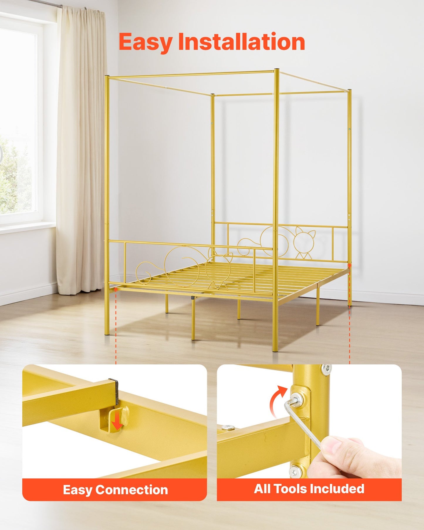 Full Size Canopy Bed Frame, Metal Canopy Bed with Minimalist Headboard & Four Posters Design, Heavy Duty Steel Slats Support, Underbed Storage Space, No Box Spring Needed, Easy Assembly, Gold