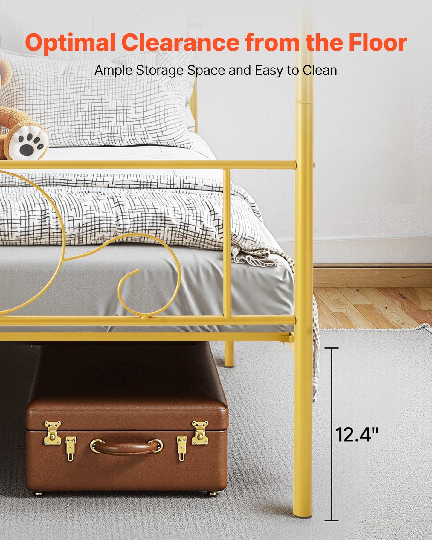 Full Size Canopy Bed Frame, Metal Canopy Bed with Minimalist Headboard & Four Posters Design, Heavy Duty Steel Slats Support, Underbed Storage Space, No Box Spring Needed, Easy Assembly, Gold