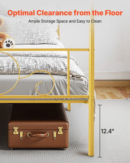 Full Size Canopy Bed Frame, Metal Canopy Bed with Minimalist Headboard & Four Posters Design, Heavy Duty Steel Slats Support, Underbed Storage Space, No Box Spring Needed, Easy Assembly, Gold