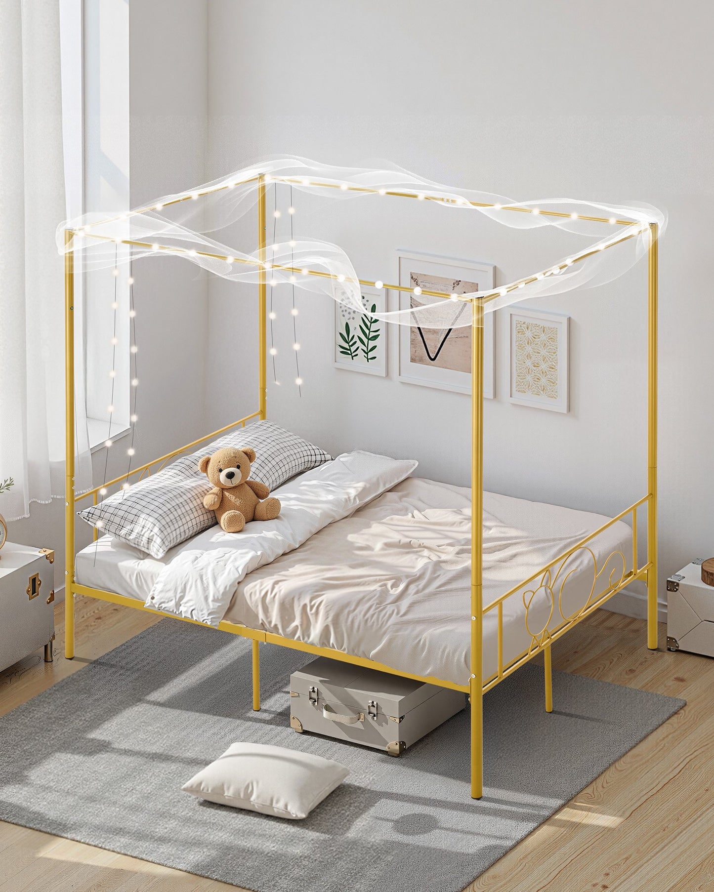 Full Size Canopy Bed Frame, Metal Canopy Bed with Minimalist Headboard & Four Posters Design, Heavy Duty Steel Slats Support, Underbed Storage Space, No Box Spring Needed, Easy Assembly, Gold