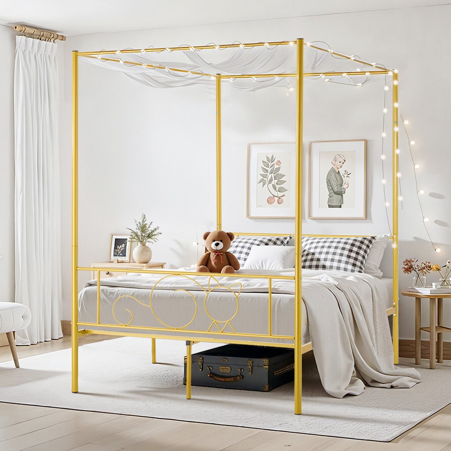 Full Size Canopy Bed Frame, Metal Canopy Bed with Minimalist Headboard & Four Posters Design, Heavy Duty Steel Slats Support, Underbed Storage Space, No Box Spring Needed, Easy Assembly, Gold