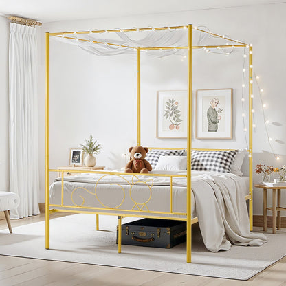 Full Size Canopy Bed Frame, Metal Canopy Bed with Minimalist Headboard & Four Posters Design, Heavy Duty Steel Slats Support, Underbed Storage Space, No Box Spring Needed, Easy Assembly, Gold