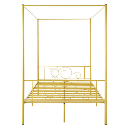 Full Size Canopy Bed Frame, Metal Canopy Bed with Minimalist Headboard & Four Posters Design, Heavy Duty Steel Slats Support, Underbed Storage Space, No Box Spring Needed, Easy Assembly, Gold
