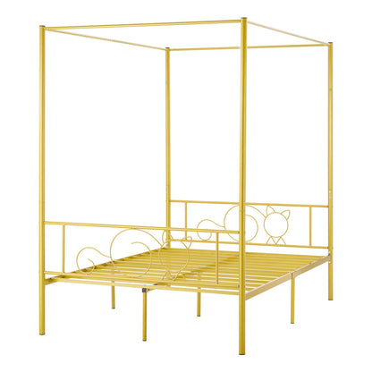 Full Size Canopy Bed Frame, Metal Canopy Bed with Minimalist Headboard & Four Posters Design, Heavy Duty Steel Slats Support, Underbed Storage Space, No Box Spring Needed, Easy Assembly, Gold