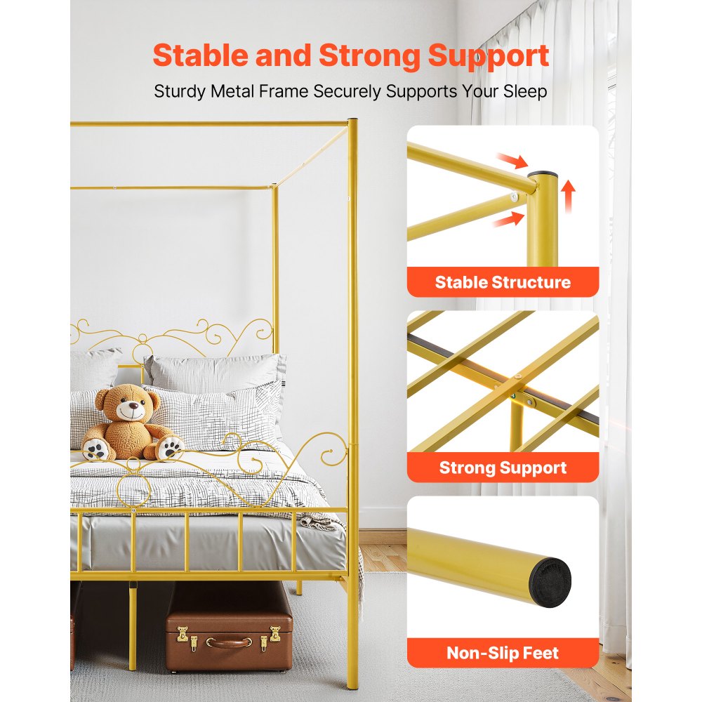 Queen Size Canopy Bed Frame Metal Canopy Bed with Headboard & Four Posters