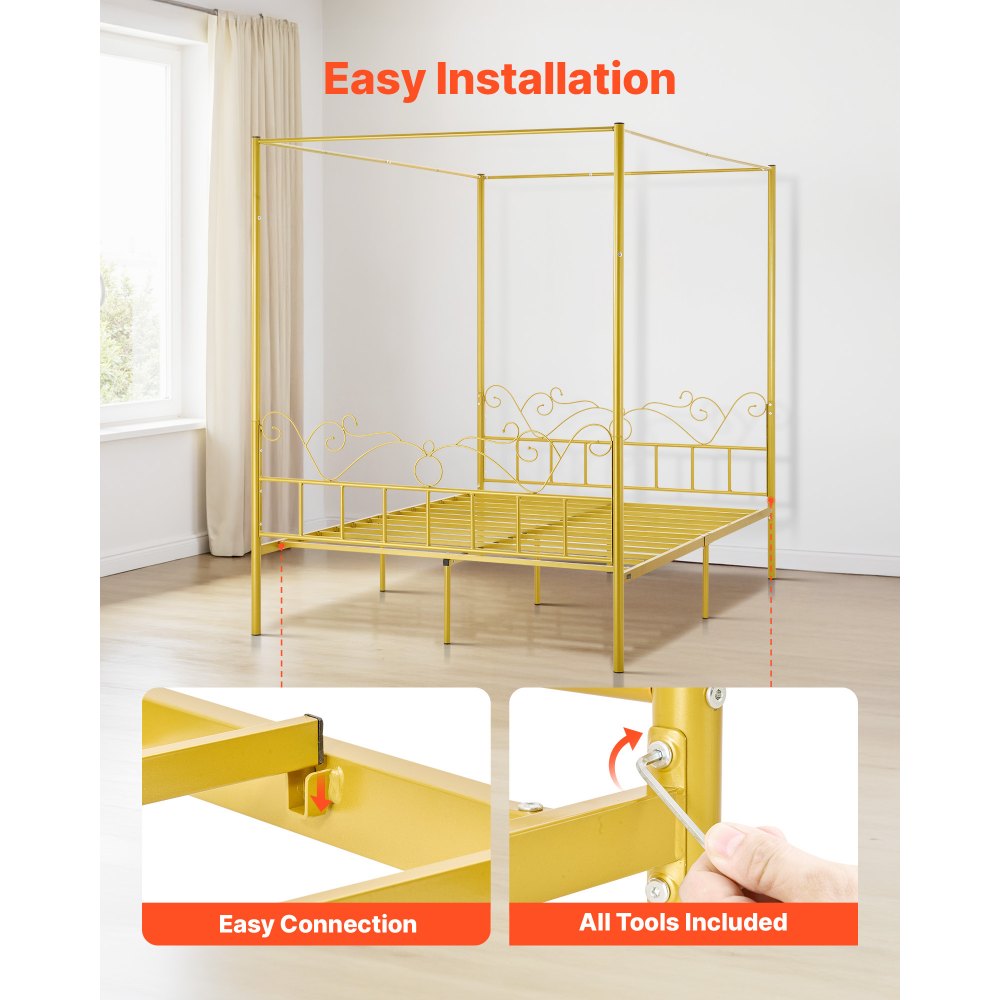 Queen Size Canopy Bed Frame Metal Canopy Bed with Headboard & Four Posters