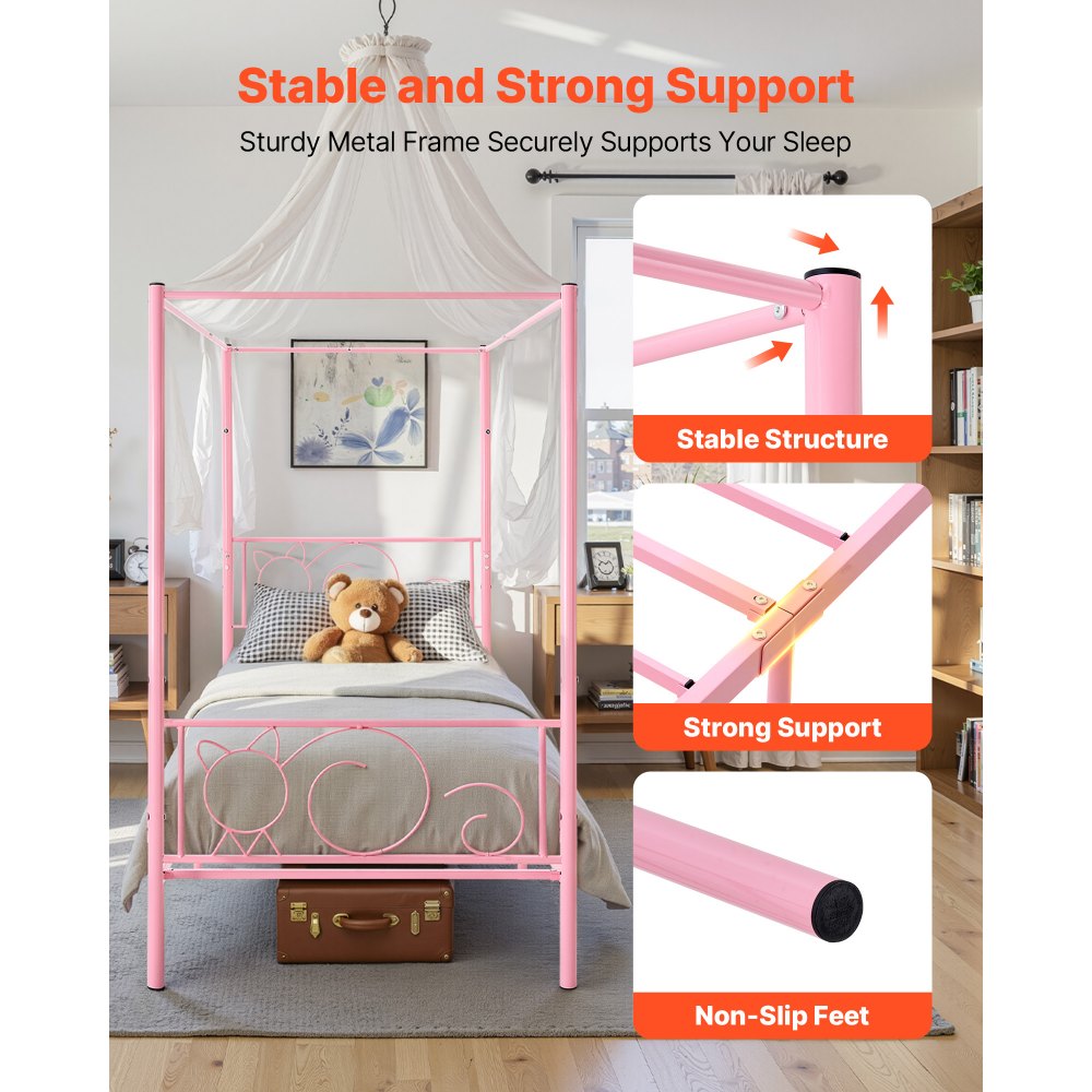 Twin Size Canopy Bed Frame Metal Canopy Bed with Headboard & Four Posters