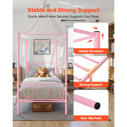 Twin Size Canopy Bed Frame Metal Canopy Bed with Headboard & Four Posters