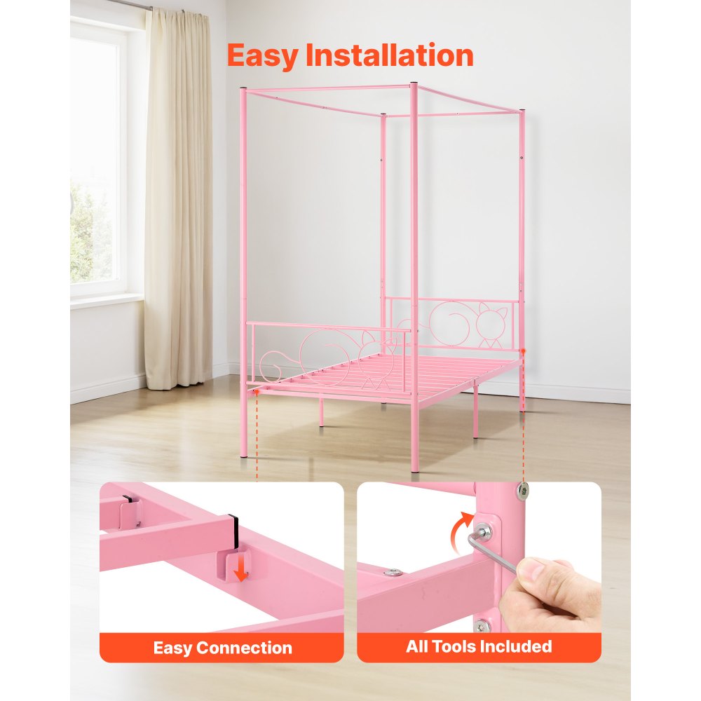 Twin Size Canopy Bed Frame Metal Canopy Bed with Headboard & Four Posters