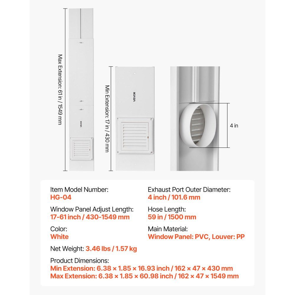VEVOR Dryer Vent Window Kit Fits 101.6 mm Hose Adjustable for Sliding Windows