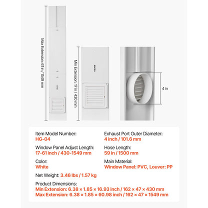 VEVOR Dryer Vent Window Kit Fits 101.6 mm Hose Adjustable for Sliding Windows