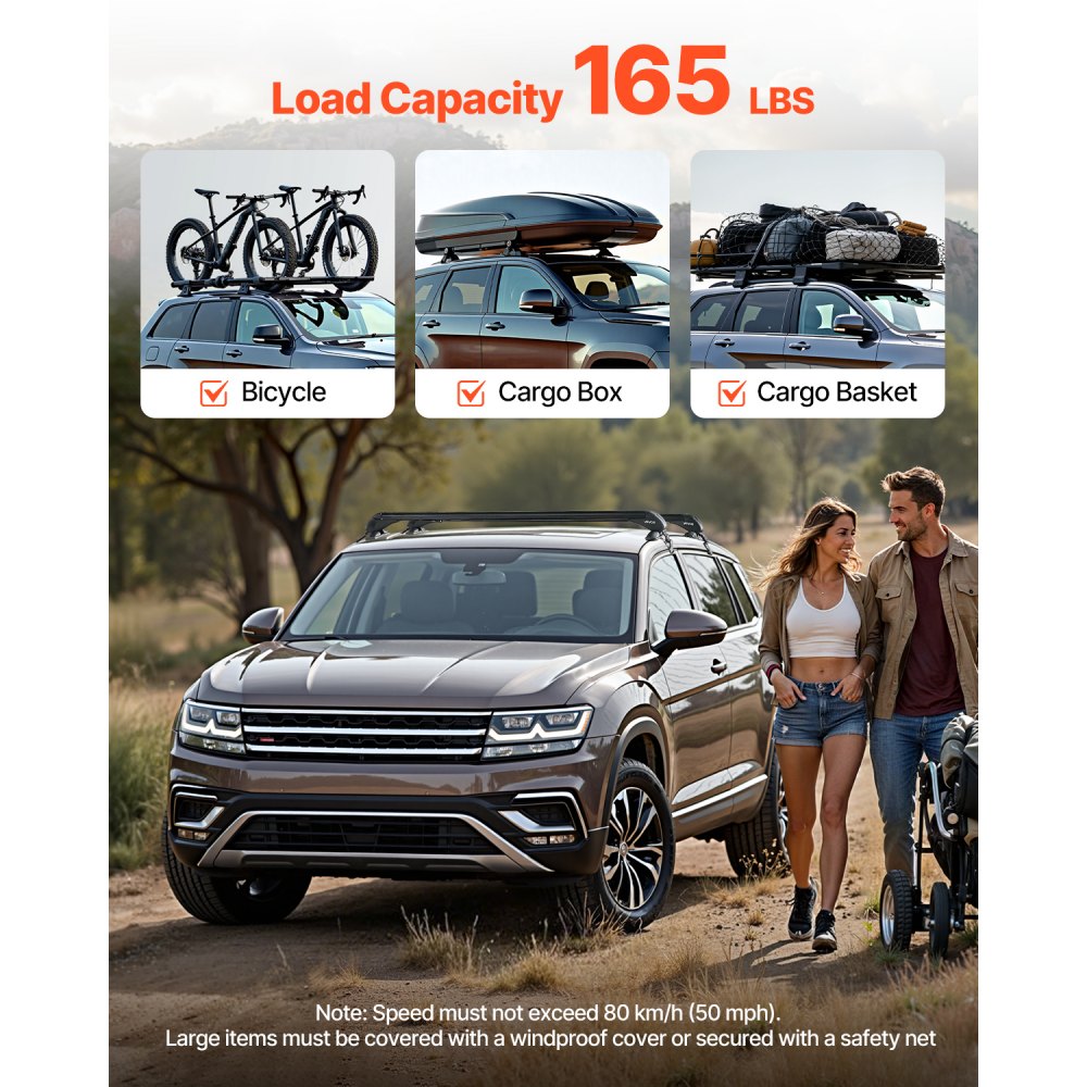 VEVOR Lockable Roof Rack Cross Bars 165lb Capacity Universal Fit for Naked Roofs