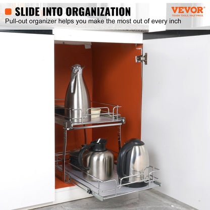 2-Tier Chrome Under Sink Wire Organizer with Pull-Out Baskets, 14x21 cm