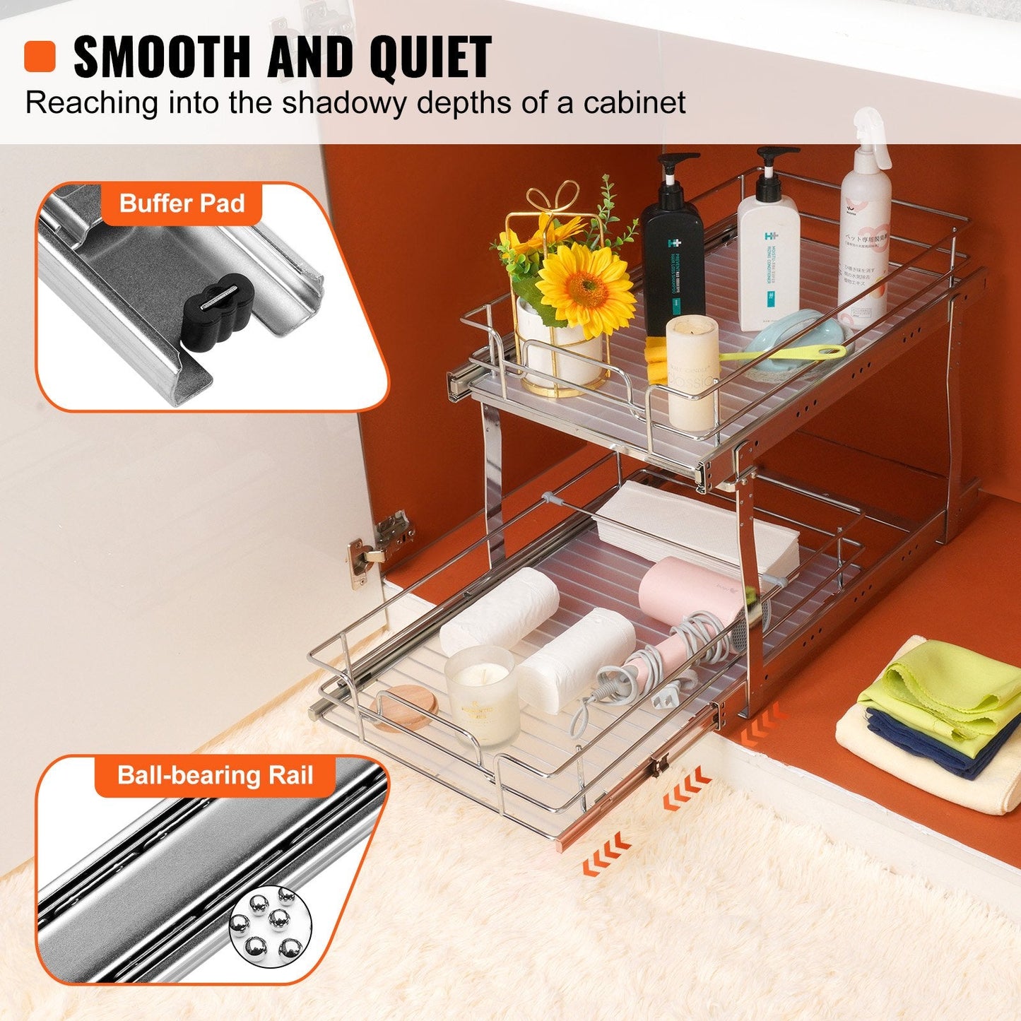 2-Tier Chrome Under Sink Wire Organizer with Pull-Out Baskets, 14x21 cm