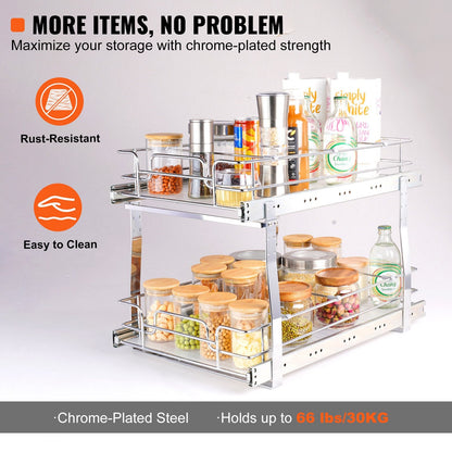 2-Tier Chrome Under Sink Wire Organizer with Pull-Out Baskets, 14x21 cm