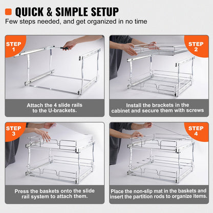 2-Tier Chrome Under Sink Organizer with Sliding Wire Baskets - 0.46x0.51m