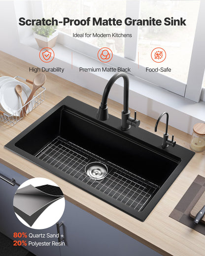 84 cm Kitchen Sink Workstation, Top Mount Granite Sinks, Drop-In Single Bowl Farmhouse Basin with Multiple Accessories, Household Dishwasher Sink for RV, Prep Kitchen, and Bar (Black)