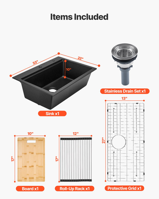 84 cm Kitchen Sink Workstation, Top Mount Granite Sinks, Drop-In Single Bowl Farmhouse Basin with Multiple Accessories, Household Dishwasher Sink for RV, Prep Kitchen, and Bar (Black)