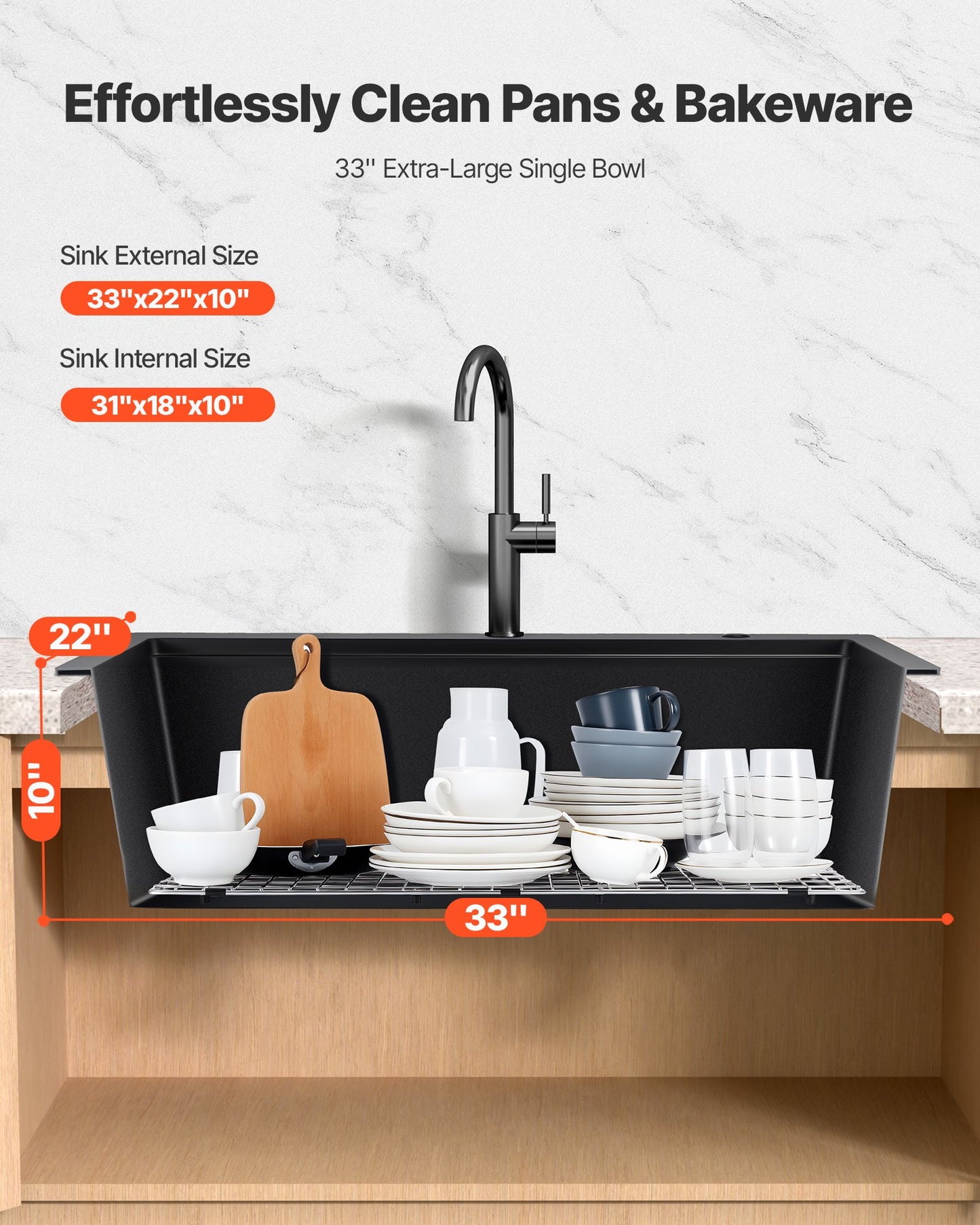 84 cm Kitchen Sink Workstation, Top Mount Granite Sinks, Drop-In Single Bowl Farmhouse Basin with Multiple Accessories, Household Dishwasher Sink for RV, Prep Kitchen, and Bar (Black)