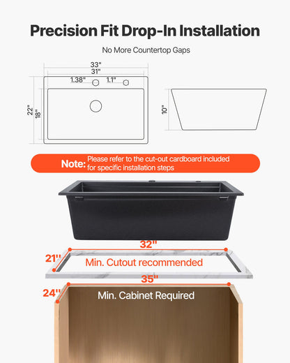 84 cm Kitchen Sink Workstation, Top Mount Granite Sinks, Drop-In Single Bowl Farmhouse Basin with Multiple Accessories, Household Dishwasher Sink for RV, Prep Kitchen, and Bar (Black)