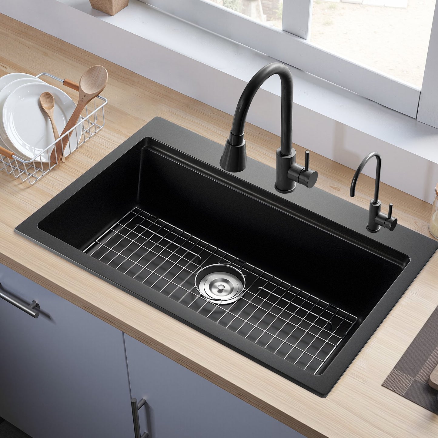 84 cm Kitchen Sink Workstation, Top Mount Granite Sinks, Drop-In Single Bowl Farmhouse Basin with Multiple Accessories, Household Dishwasher Sink for RV, Prep Kitchen, and Bar (Black)