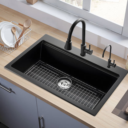 84 cm Kitchen Sink Workstation, Top Mount Granite Sinks, Drop-In Single Bowl Farmhouse Basin with Multiple Accessories, Household Dishwasher Sink for RV, Prep Kitchen, and Bar (Black)