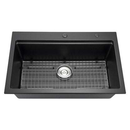 84 cm Kitchen Sink Workstation, Top Mount Granite Sinks, Drop-In Single Bowl Farmhouse Basin with Multiple Accessories, Household Dishwasher Sink for RV, Prep Kitchen, and Bar (Black)