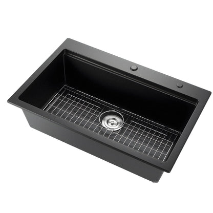 84 cm Kitchen Sink Workstation, Top Mount Granite Sinks, Drop-In Single Bowl Farmhouse Basin with Multiple Accessories, Household Dishwasher Sink for RV, Prep Kitchen, and Bar (Black)