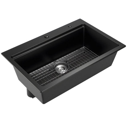 84 cm Kitchen Sink Workstation, Top Mount Granite Sinks, Drop-In Single Bowl Farmhouse Basin with Multiple Accessories, Household Dishwasher Sink for RV, Prep Kitchen, and Bar (Black)