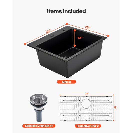 63 cm Granite Kitchen Sink Top Mount Single Bowl Drop-In Basin for RV Bar