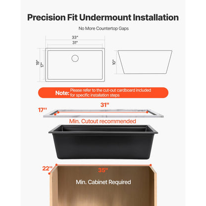 84 cm Granite Kitchen Sink Undermount Single Bowl Drop-In Basin for RV Bar