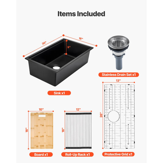 76 cm Granite Kitchen Sink Undermount Single Bowl Drop-In Basin for RV Bar