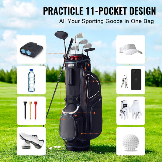 Premium Golf Cart Bag with 14-Way Divider, 0.89m, 11 Pockets, Black & White