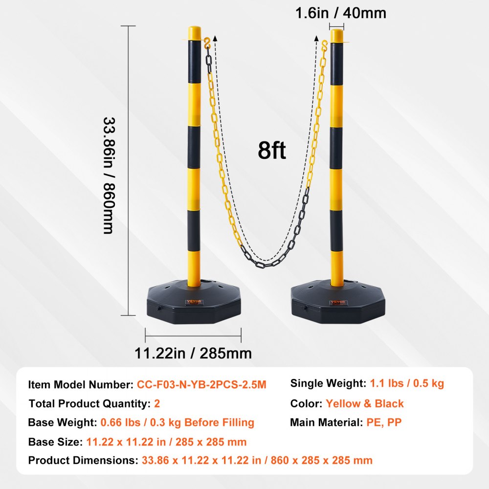 2PCs Traffic Delineator Post Cones with Fillable Base 8FT Chain Adjustable
