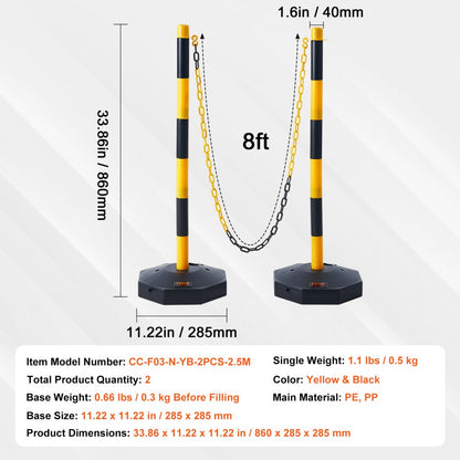 2PCs Traffic Delineator Post Cones with Fillable Base 8FT Chain Adjustable