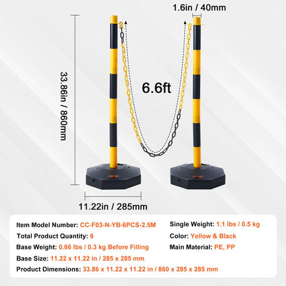 VEVOR 6PCs Traffic Delineator Post Cones with Fillable Base 8FT Chain Adjustable