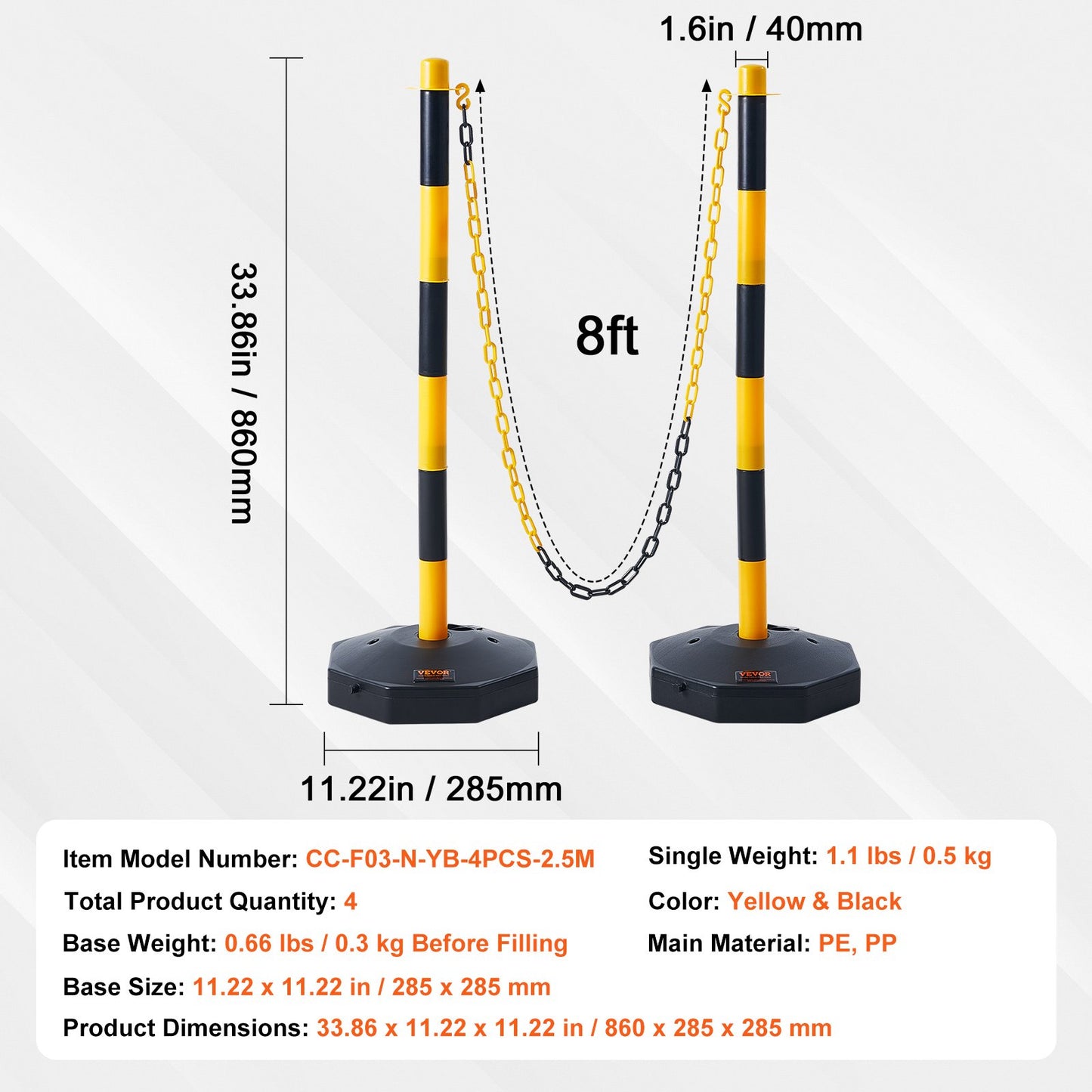 VEVOR 4PCs Traffic Delineator Post Cones with Fillable Base 8FT Chain Adjustable