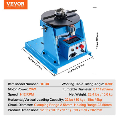 Portable 10KG Welding Positioner, 0-90° Turntable with 205mm 3-Jaw Chuck