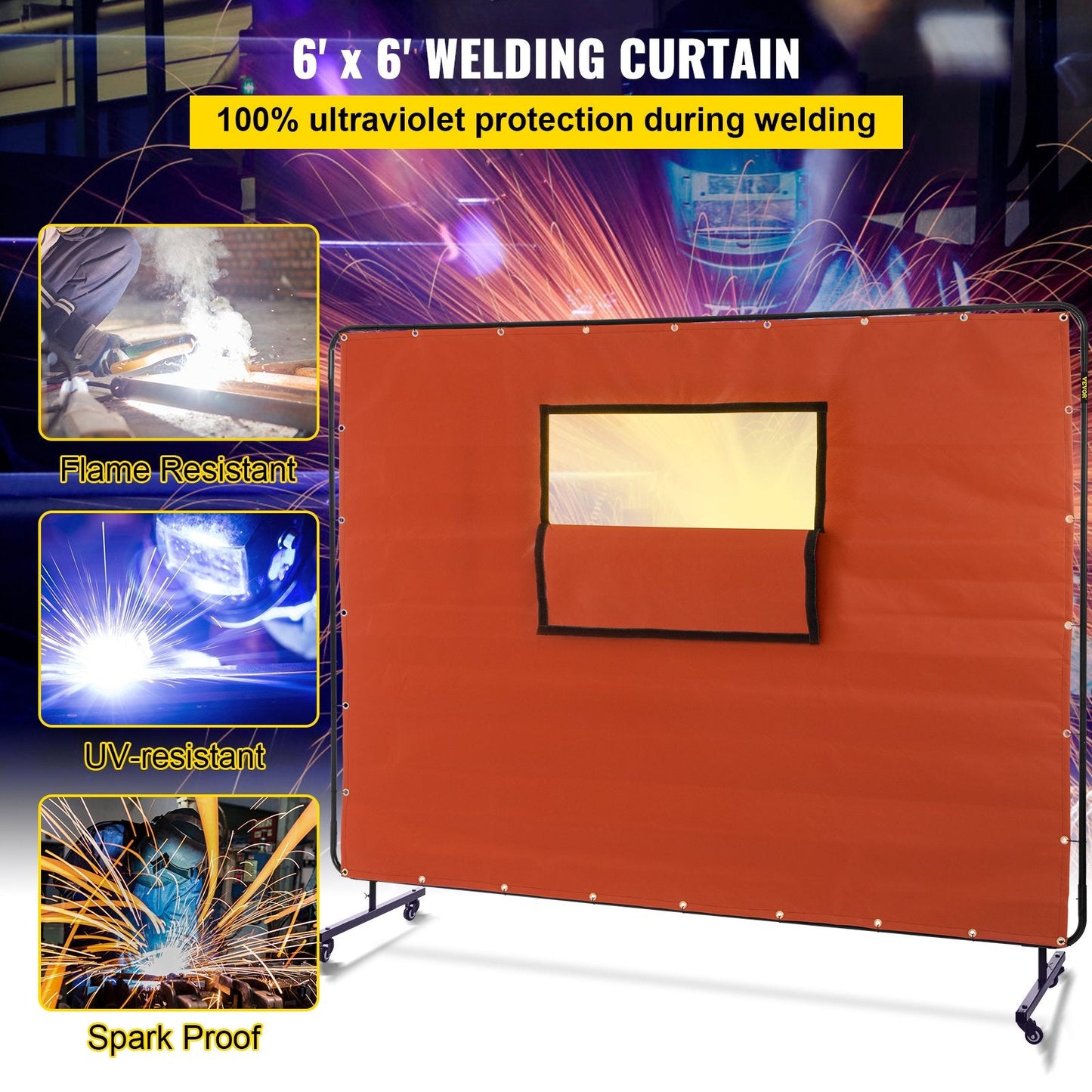 Fireproof Welding Screen with Metal Frame & Wheels, 1.83m x 2.44m, Red