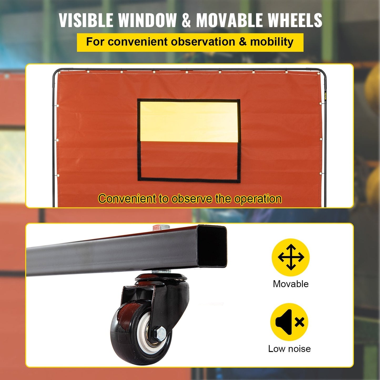 Fireproof Welding Screen with Metal Frame & Wheels, 1.83m x 2.44m, Red
