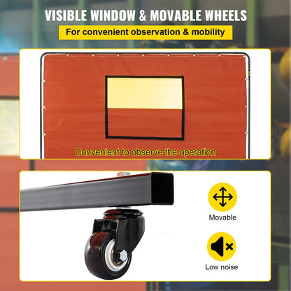 Fireproof Welding Screen with Metal Frame & Wheels, 1.83m x 2.44m, Red