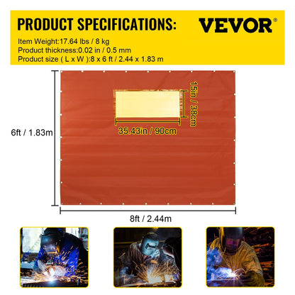 Fireproof Welding Screen with Metal Frame & Wheels, 1.83m x 2.44m, Red
